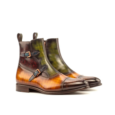 DapperFam Octavian in Cognac / Khaki / Brown / Burgundy / Turq Men's Hand-Painted Patina Buckle Bootuoise in Cognac / Khaki / Brown / Burgundy / Turq