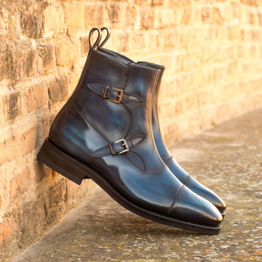 DapperFam Octavian in Navy / Denim Men's Italian Leather & Hand-Painted Patina Buckle Boot