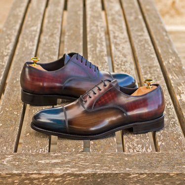 DapperFam Rafael in Burgundy / Purple / Denim / Brown Men's Hand-Painted Patina Oxford