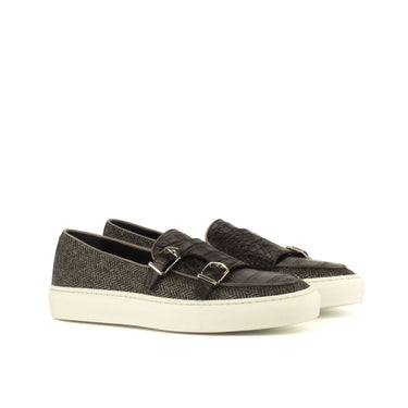 DapperFam Riviera in Black / Herringbone Men's Italian Croco Embossed Leather & Sartorial Monk Sneaker in Black / Herringbone