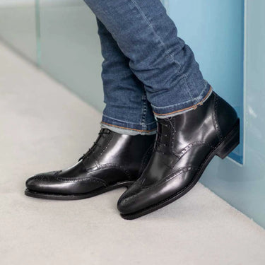DapperFam Valiant in Black Men's Italian Leather Military Brogue