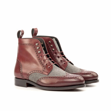 DapperFam Valiant in Burgundy / Light Grey Men's Flannel & Italian Leather Military Brogue in Burgundy / Light Grey