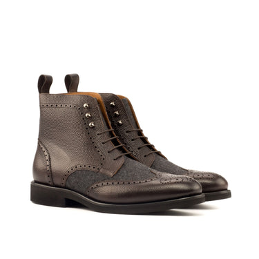 DapperFam Valiant in Dark Brown / Dark Grey Men's Flannel & Italian Pebble Grain Leather Military Brogue in Dark Brown / Dark Grey