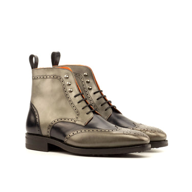 DapperFam Valiant in Grey / Black Men's Italian Leather Military Brogue in Grey / Black