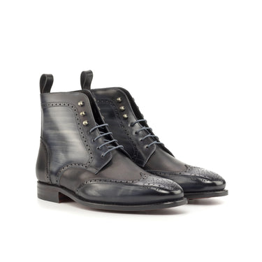 DapperFam Valiant in Grey / Black Men's Italian Leather & Hand-Painted Patina Military Brogue in Grey / Black