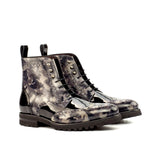 DapperFam Valiant in Grey Camo / Black Men's Italian Patent Leather & Hand-Painted Patina Military Brogue in Grey Camo / Black