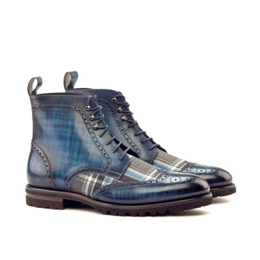 DapperFam Valiant in Plaid / Denim Men's Sartorial & Hand-Painted Patina Military Brogue in Plaid / Denim