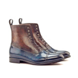 DapperFam Vittorio in Denim / Brown Men's Hand-Painted Patina Balmoral Boot in Denim / Brown
