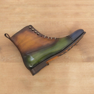 DapperFam Vittorio in Denim / Khaki / Cognac / Burgundy Men's Hand-Painted Patina Balmoral Boot in Denim / Khaki / Cognac / Burgundy