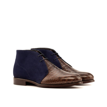 DapperFam Vivace in Dark Brown / Navy Men's Italian Croco Embossed Leather & Italian Suede Chukka in Dark Brown / Navy