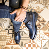DapperFam Zephyr in Navy Men's Italian Leather Longwing Blucher — Style 5525