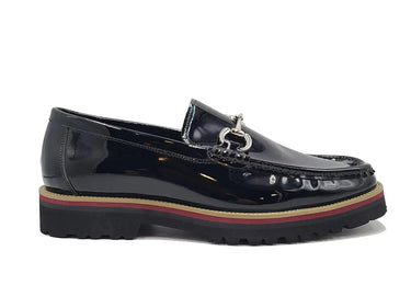 Carrucci Shoes Horse Bit Loafer Lug Sole in Black Red Edge