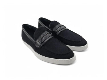 Embossed Leather Strap Linen Sneaker in Black