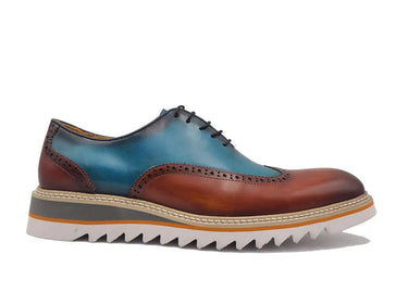 Carrucci Shoes Two-Tone Oxford Wingtip Dress Shoe in Cognac Blue