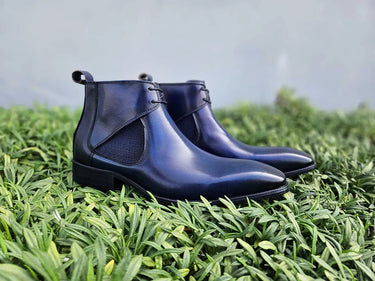 Hand Burnished Calfskin Lace-up Boot in Navy