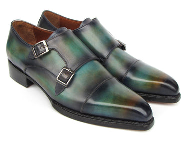 Paul Parkman Men's Cap Toe Double Monkstrap Shoes Green & Blue Patina