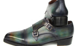 Paul Parkman Men's Cap Toe Double Monkstrap Shoes Green & Blue Patina