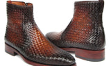 Paul Parkman Brown Burnished Woven Leather Zipper Boots
