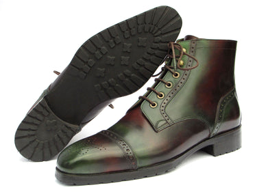 Paul Parkman Men's Green & Brown Hand-Painted Cap Toe Boots