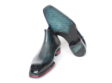 Paul Parkman Men's Norwegian Welted Burnished Leather Chelsea Boots in Blue