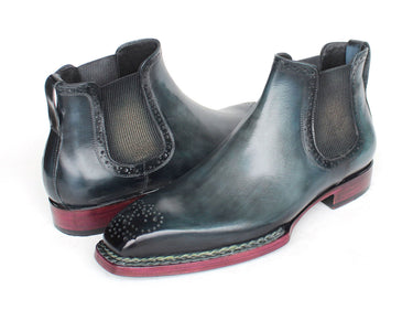 Paul Parkman Men's Norwegian Welted Burnished Leather Chelsea Boots in Blue