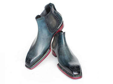 Paul Parkman Men's Norwegian Welted Burnished Leather Chelsea Boots in Blue