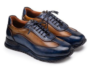 Paul Parkman Men's Patina Leather Sneakers in Blue & Camel