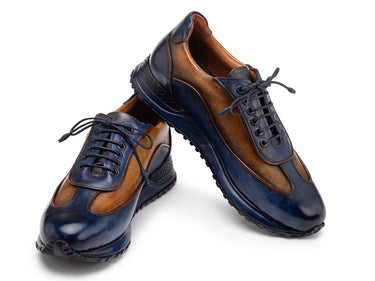 Paul Parkman Men's Patina Leather Sneakers in Blue & Camel