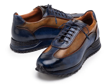 Paul Parkman Men's Patina Leather Sneakers in Blue & Camel