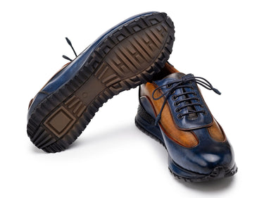 Paul Parkman Men's Patina Leather Sneakers in Blue & Camel