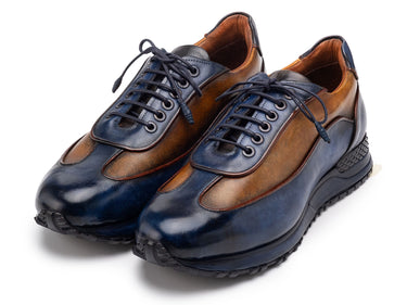 Paul Parkman Men's Patina Leather Sneakers in Blue & Camel