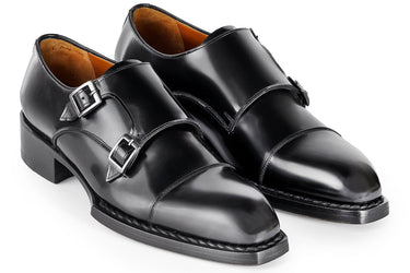 Paul Parkman Men's Triple Leather Sole Hand-Welted Cap Toe Monkstraps in Black