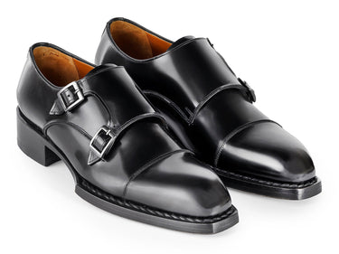Paul Parkman Men's Triple Leather Sole Hand-Welted Cap Toe Monkstraps in Black