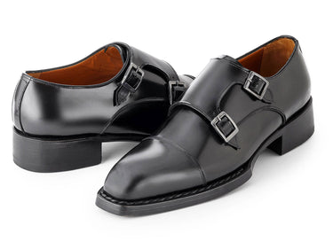 Paul Parkman Men's Triple Leather Sole Hand-Welted Cap Toe Monkstraps in Black