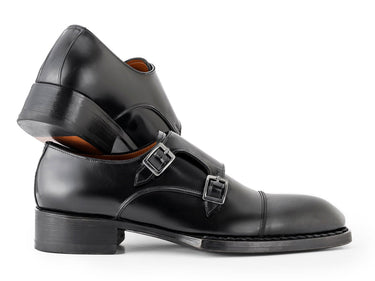 Paul Parkman Men's Triple Leather Sole Hand-Welted Cap Toe Monkstraps in Black