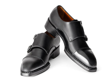 Paul Parkman Men's Triple Leather Sole Hand-Welted Cap Toe Monkstraps in Black