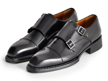 Paul Parkman Men's Triple Leather Sole Hand-Welted Cap Toe Monkstraps in Black