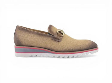 Carrucci Shoes Linen Loafer Gold Buckle Slip-On in Brown