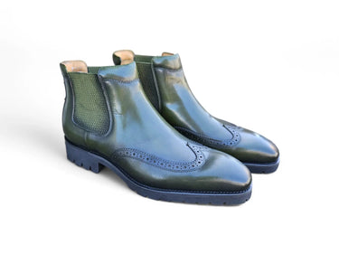 Lug Sole Chelsea Boot with Wingtip Toe in Olive