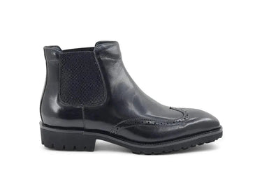 Lug Sole Chelsea Boot with Wingtip Toe in Black
