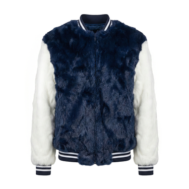 Calvere Furs Men's Rabbit Baseball Jacket in Navy/White