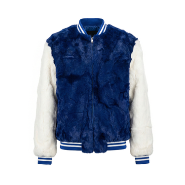 Calvere Furs Men's Rabbit Baseball Jacket in Royal Blue/White