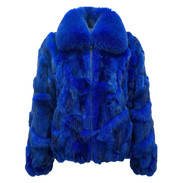 Calvere Furs Men's Fox Bomber Jacket with Full Skin Fox Collar in Royal Blue