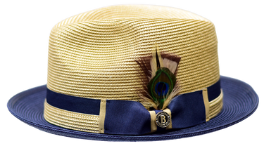 Bruno Capelo Main Street Two-Tone Straw Snap Brim Fedora in Camel Navy Blue
