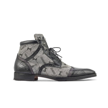 Mauri Jetset in Black / Grey Mens Exotic Alligator / Ostrich Leg / Mauri Fabric Derby Boots in Black Grey