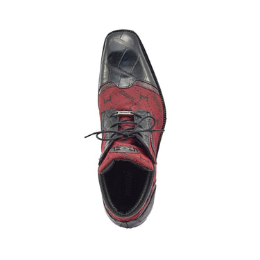 Mauri Jetset in Black / Ruby Red Mens Exotic Alligator / Ostrich Leg / Mauri Fabric Derby Boots