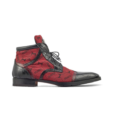 Mauri Jetset in Black / Ruby Red Mens Exotic Alligator / Ostrich Leg / Mauri Fabric Derby Boots in Black Ruby Red