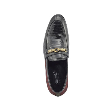 Mauri Monet in Black / Coral Red Mens Exotic Ostrich Leg / Matahari Fabric Horsebit Loafers