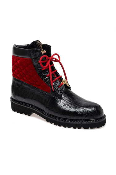 Mauri 4949/4 Hawk Ostrich / Velvet / Leather Boot (MA5688) - Black/Black/Red