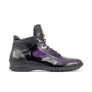 Mauri Hype in Black / Purple Mens Exotic Crocodile / Ostrich Leg / Patent Leather High-Top Sneakers in Black Purple
